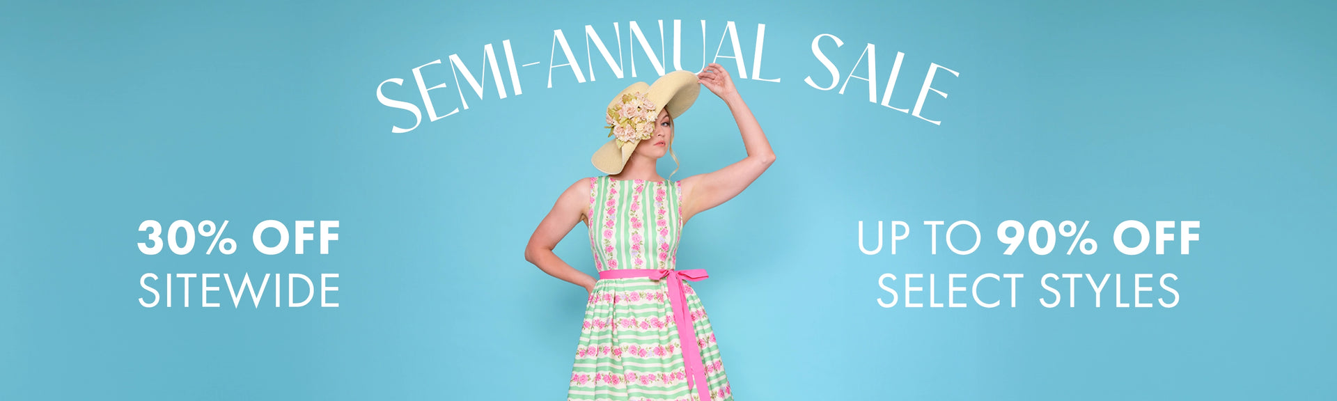Woman in a dress and hat with promotional text for a semi-annual sale on a blue background