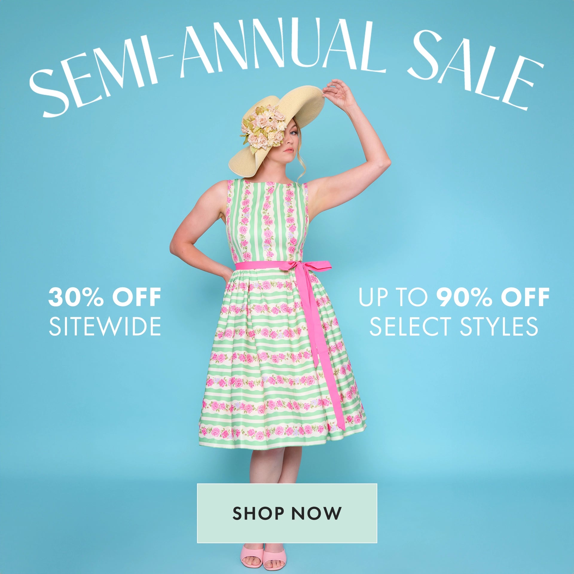 Woman in a patterned dress with a large hat against a blue background, promoting a semi-annual sale.