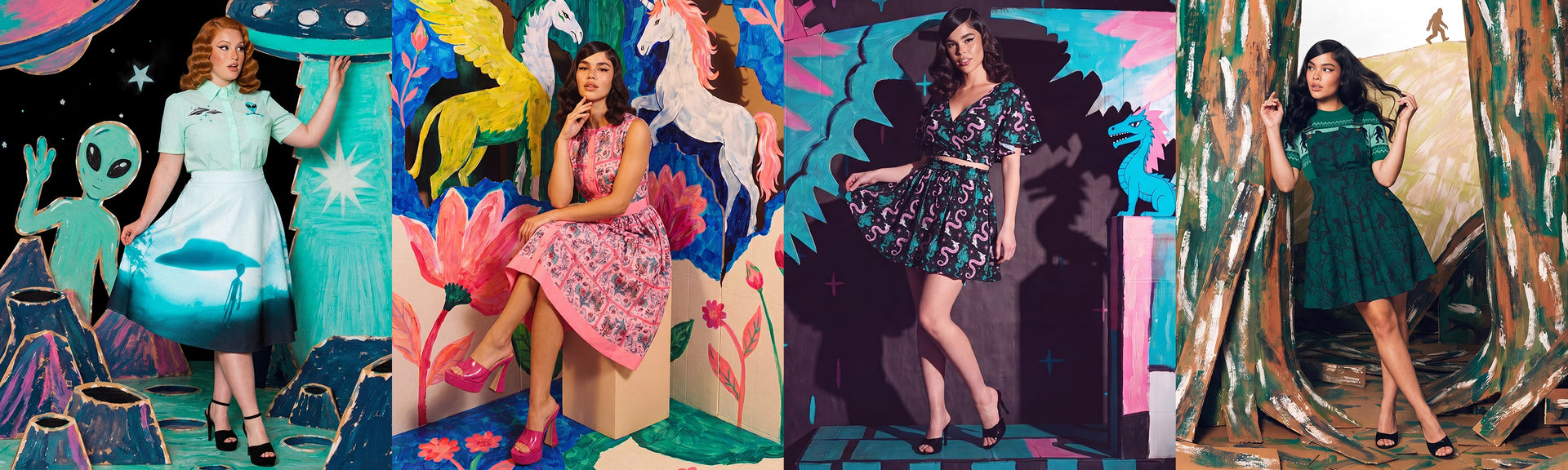 Four women in colorful dresses standing in front of vibrant, abstract backdrops.