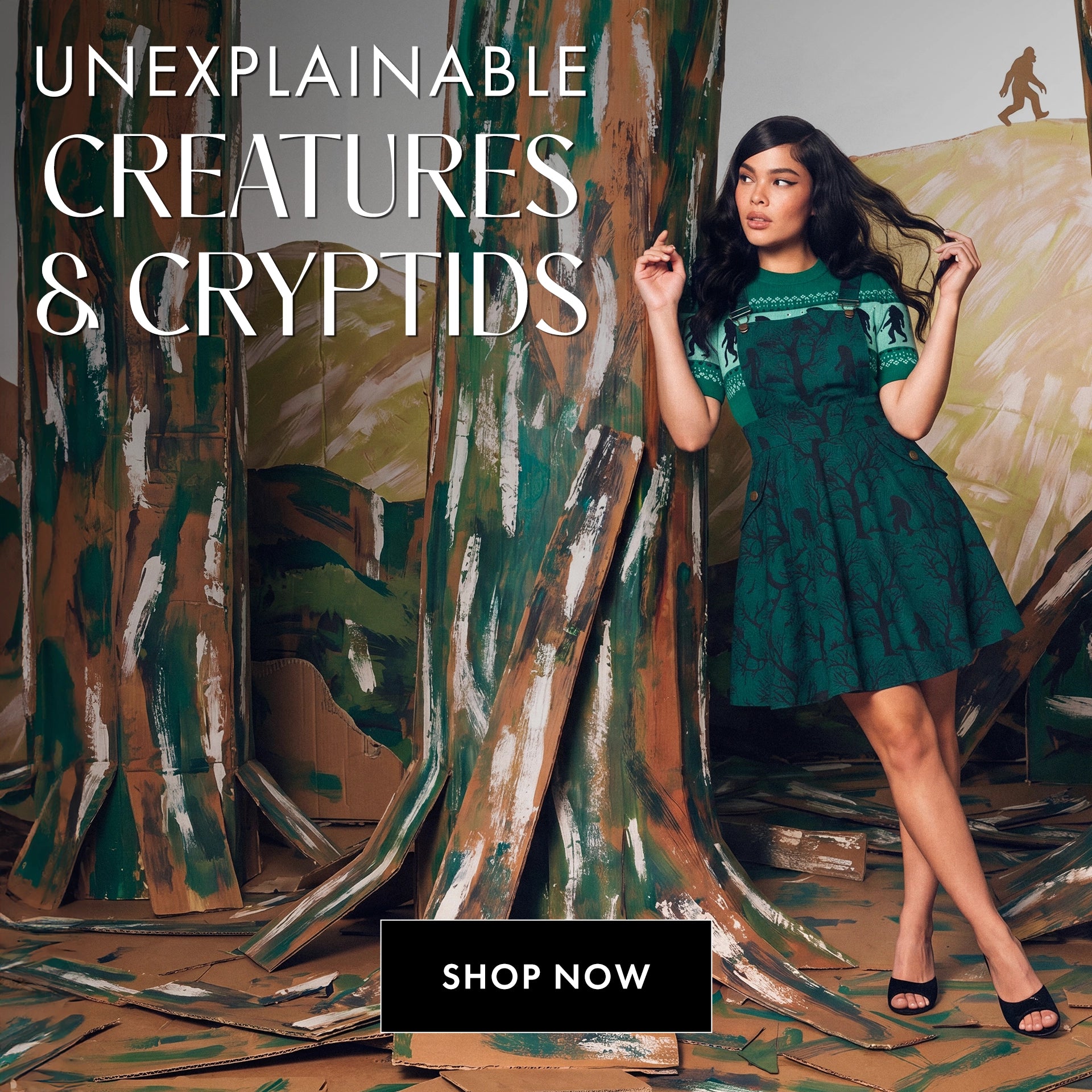 Woman in a green dress standing next to a large tree-like sculpture with text 'Unexplainable Creatures & Cryptids' and 'Shop Now' button.