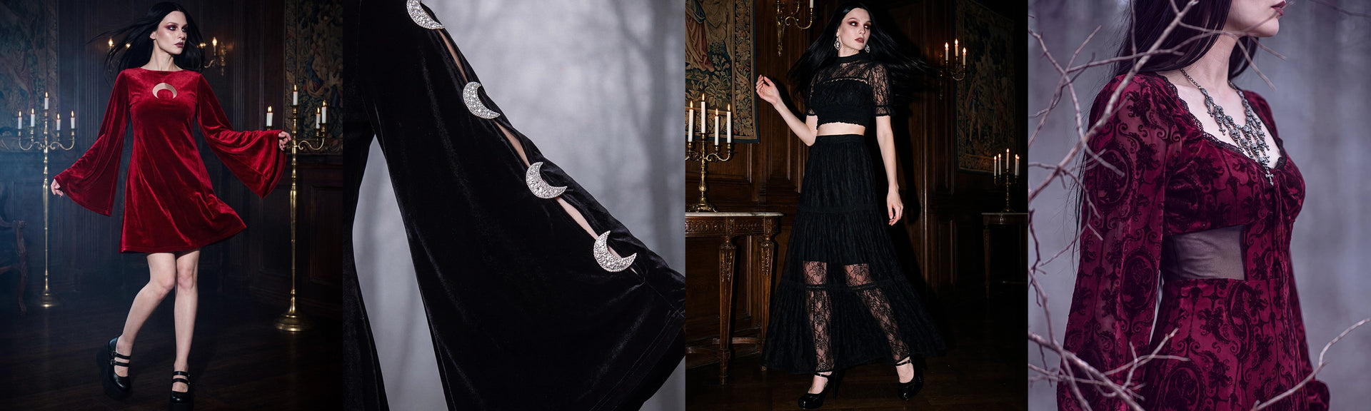 A three-panel collage showing a model wearing a gothic-style dress in different views: a full-length red velvet dress, a close-up of a black velvet sleeve with silver moon details, and a close-up of a dark red lace dress with sheer mesh at the waist.