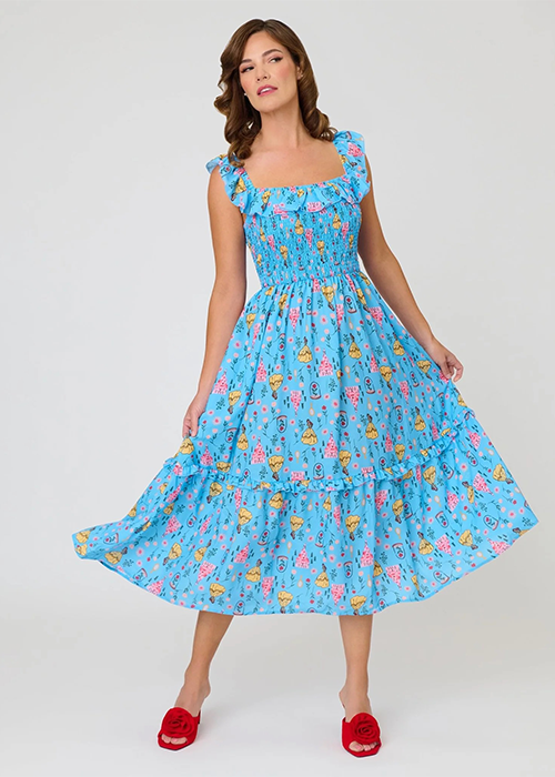 retro style dress Vintage Polka Dot Square Neck Ruffle Midi | Stage back zippered closure and a fun butterfly print Retro Stage Pink Melting Ice