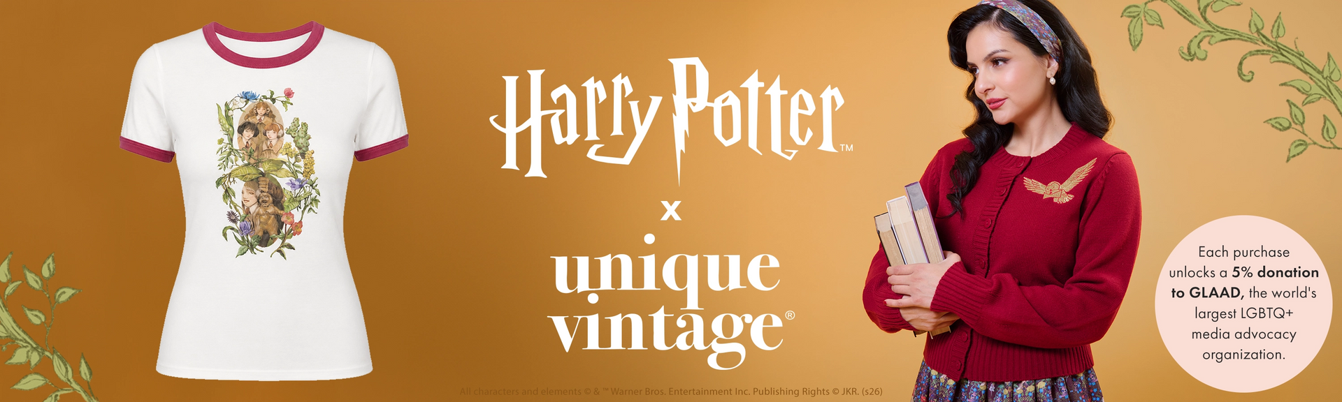 A promotional banner for a Harry Potter x Unique Vintage collaboration. On the left, a white short-sleeve t-shirt with red collar and sleeve trim features a colorful Harry Potter graphic.