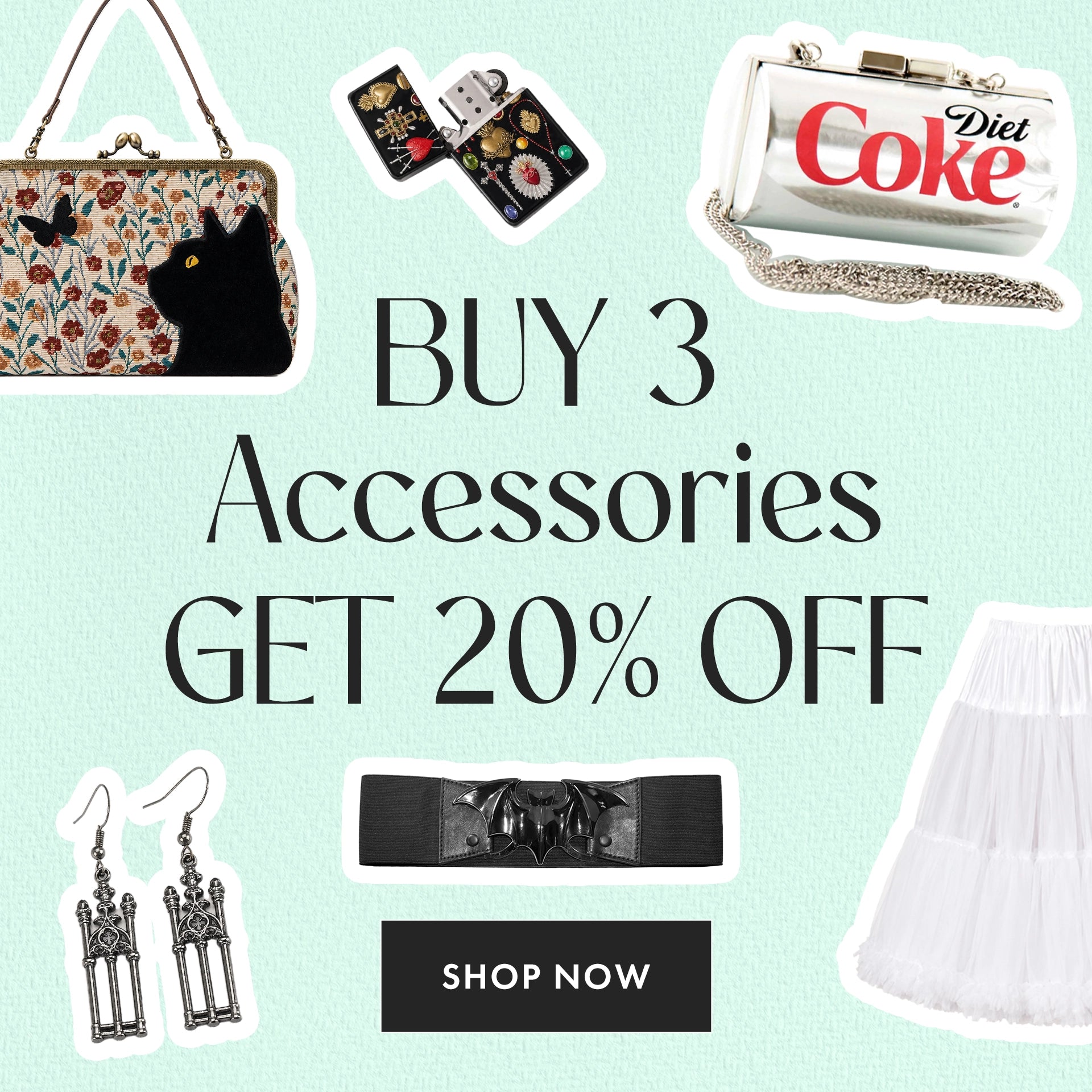 Promotional graphic for a 3-pack accessory deal with 20% off, featuring a floral handbag with a black cat, a silver Diet Coke clutch, gothic earrings, a black belt, a black top, and a white skirt on a mint green background.