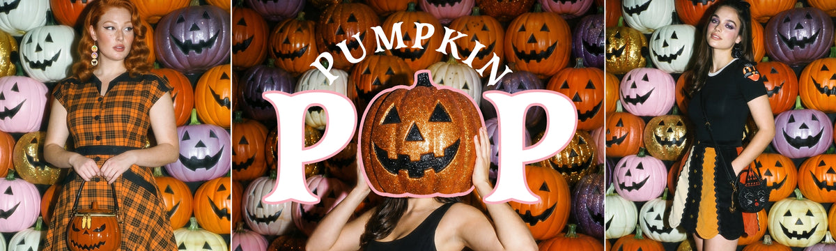 A three-panel collage showcasing women modeling Halloween-themed clothing in front of a wall of carved pumpkins. The center panel features a large white 'Pumpkin Pop' text overlay obscuring the middle model and the pumpkin-headed pumpkin.
