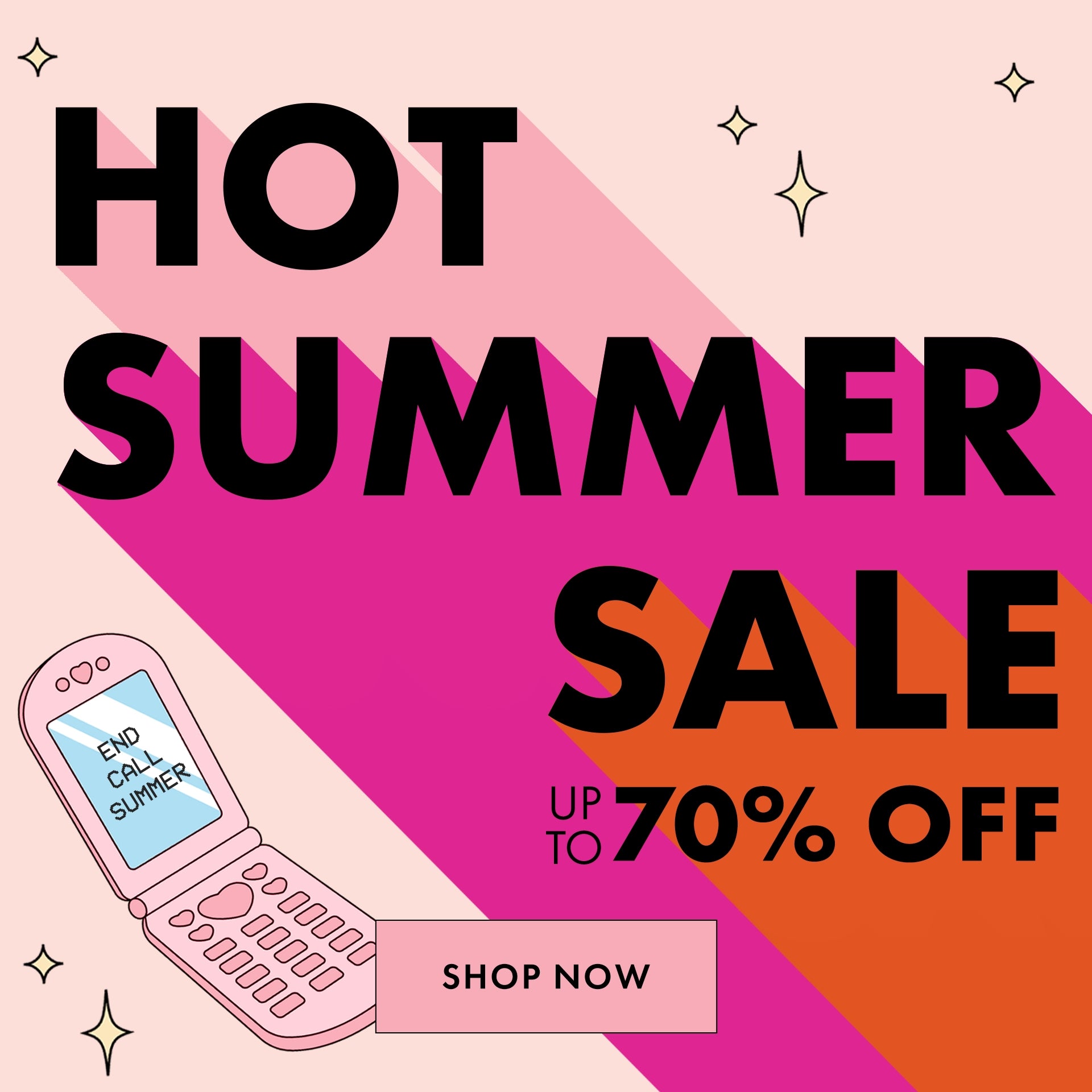 Promotional sale graphic with large black text reading 'HOT SUMMER SALE' and 'UP TO 70% OFF' on a pink, magenta, and orange geometric background, plus a small illustrated flip phone and a pink 'SHOP NOW' button.
