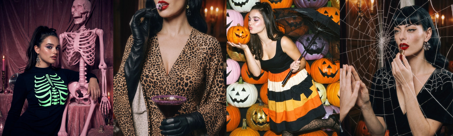 A Halloween-themed collage of four women in costume poses. On the left, a woman wears a black shirt with a glowing green skeleton rib cage next to a pink skeleton prop.