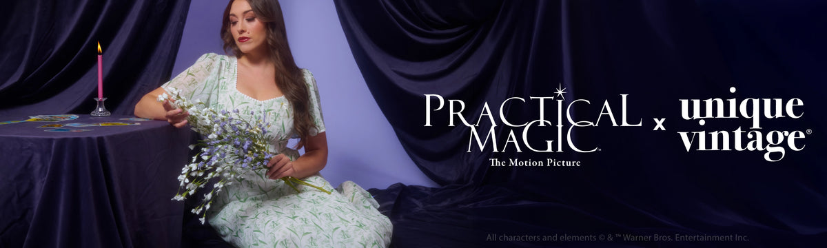 Promotional banner for 'Practical Magic x unique vintage' featuring a woman in a light green vintage gown holding flowers, seated against dark purple draped fabric with a table and candle on the left.
