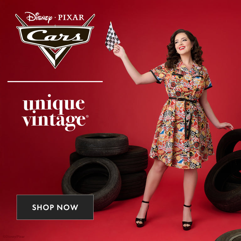 Woman in a patterned dress holding a checkered flag with Disney Pixar Cars and Unique Vintage logos on a red background.