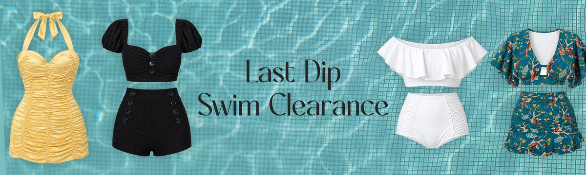A promotional banner for a swim clearance sale, featuring four different swimsuits against a turquoise water-textured background. The collection includes a yellow halter-neck swimsuit, a black puff-sleeve two-piece, a white ruffled crop top with high-waisted shorts, and a teal floral two-piece.