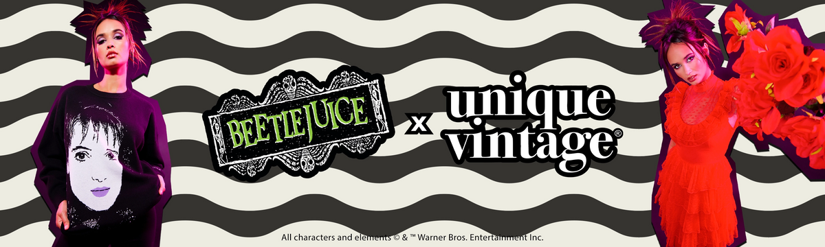A promotional banner for the 'Beetlejuice x Unique Vintage' collaboration, featuring stylized illustrations of Beetlejuice and a woman in a red dress against a black and white wavy striped background.
