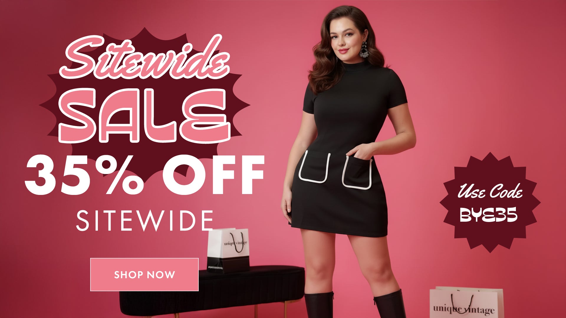 Woman in a black dress standing next to promotional text for a 35% off sitewide sale on a pink background. Use Code BYE35