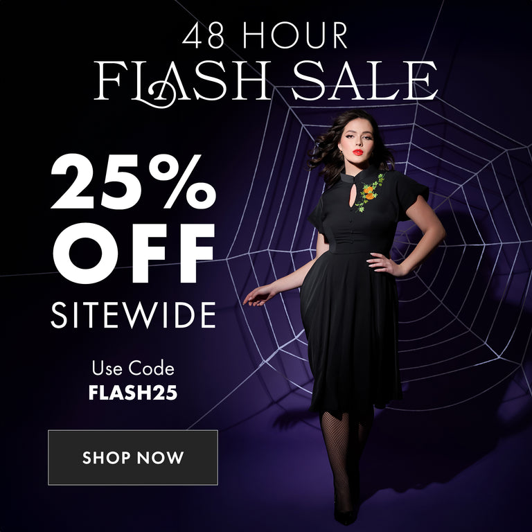 Promotional graphic for a 48-hour flash sale with a woman in a black dress against a spider web background. USE code FLASH25 for 25% Off