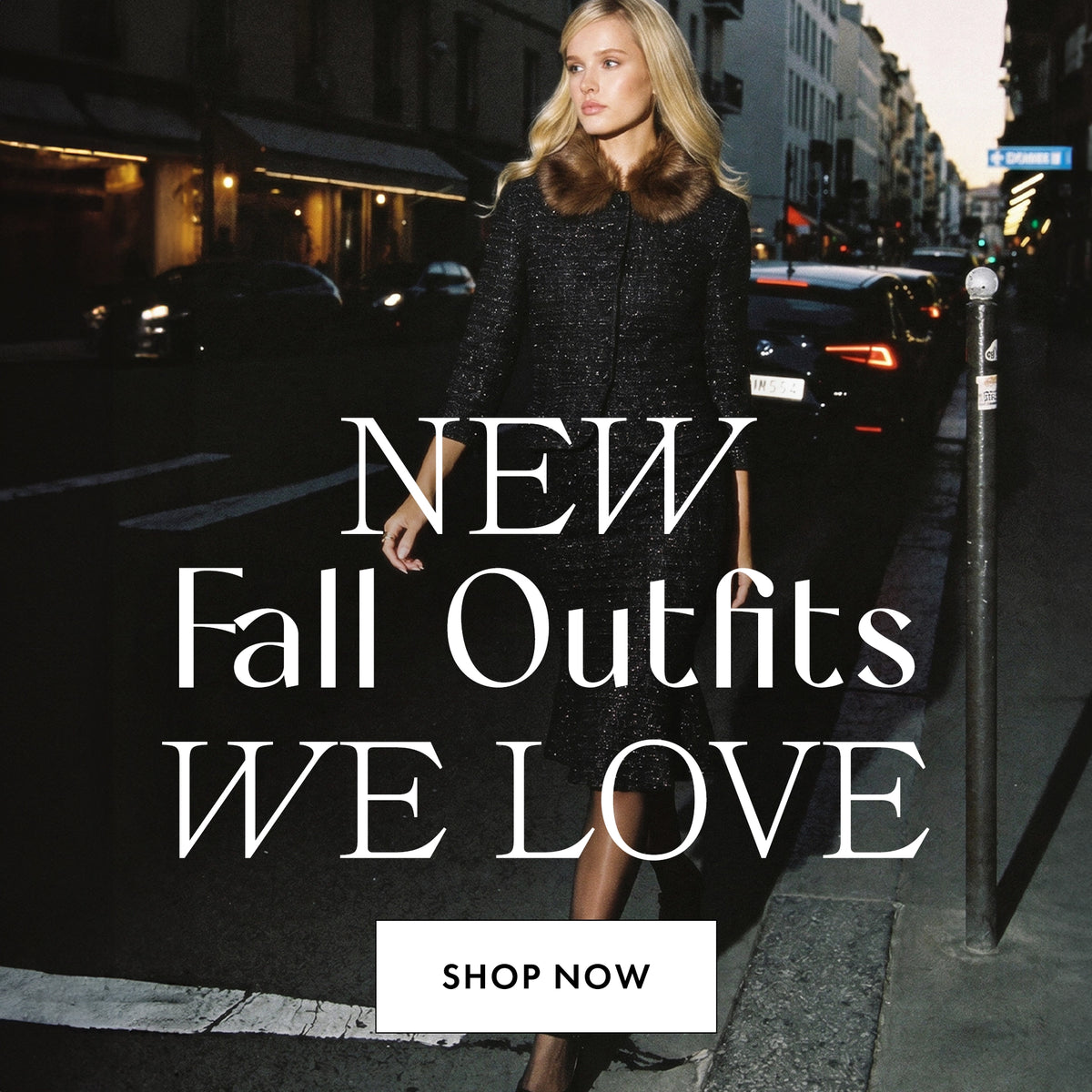 A woman walking on a city street at dusk wearing a dark textured coat with a brown fur collar. Large overlaid text reads 'NEW Fall Outfits WE LOVE' with a 'SHOP NOW' button below.
