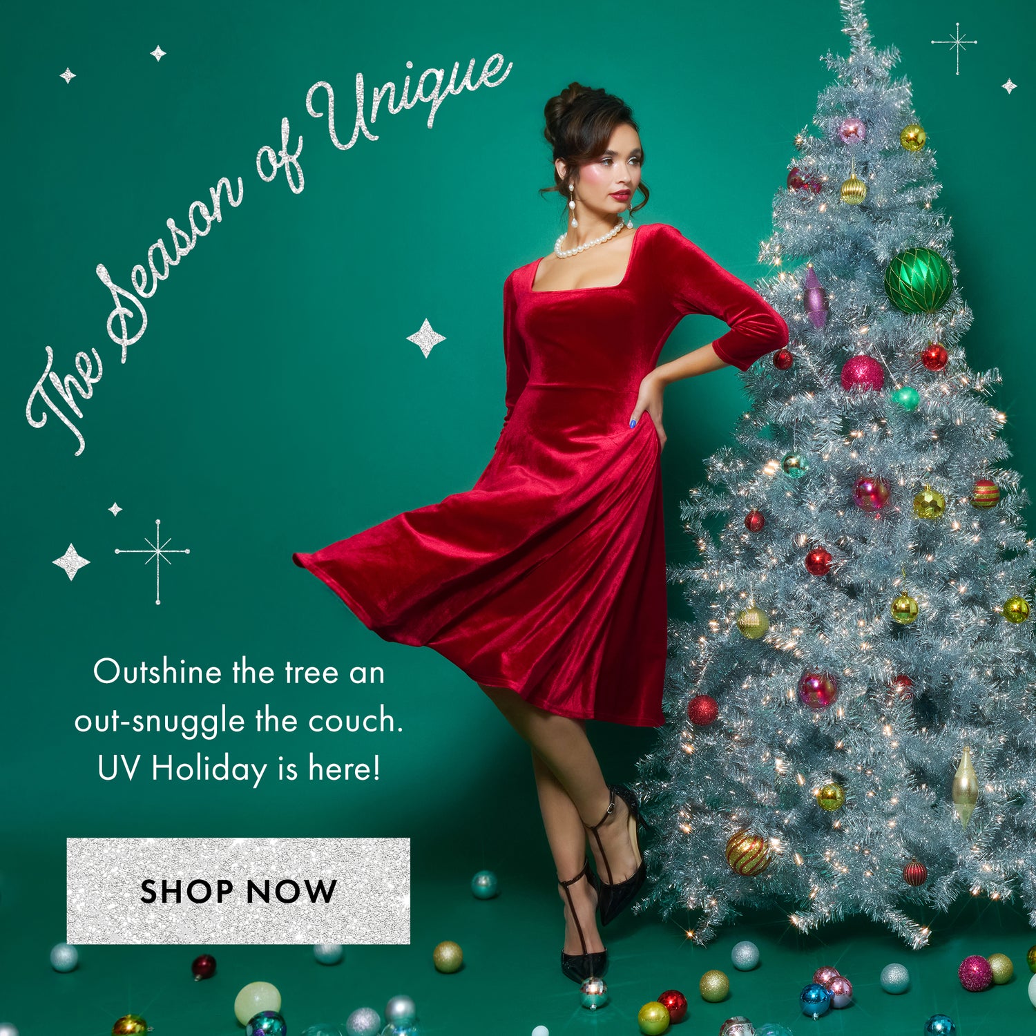 Woman in a red dress standing next to a decorated Christmas tree with promotional text on a teal background.