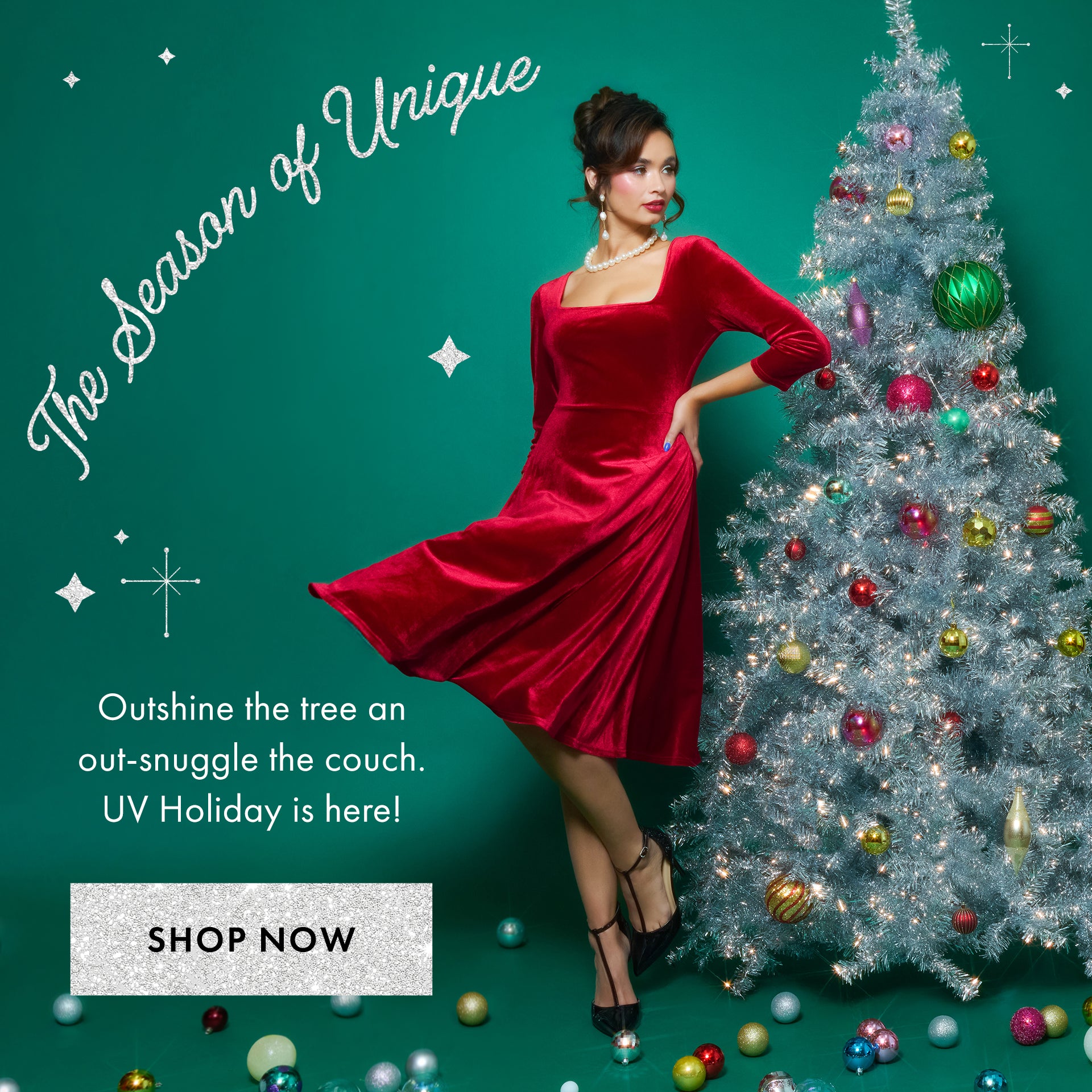 Woman in a red dress standing next to a decorated Christmas tree with promotional text on a teal background.