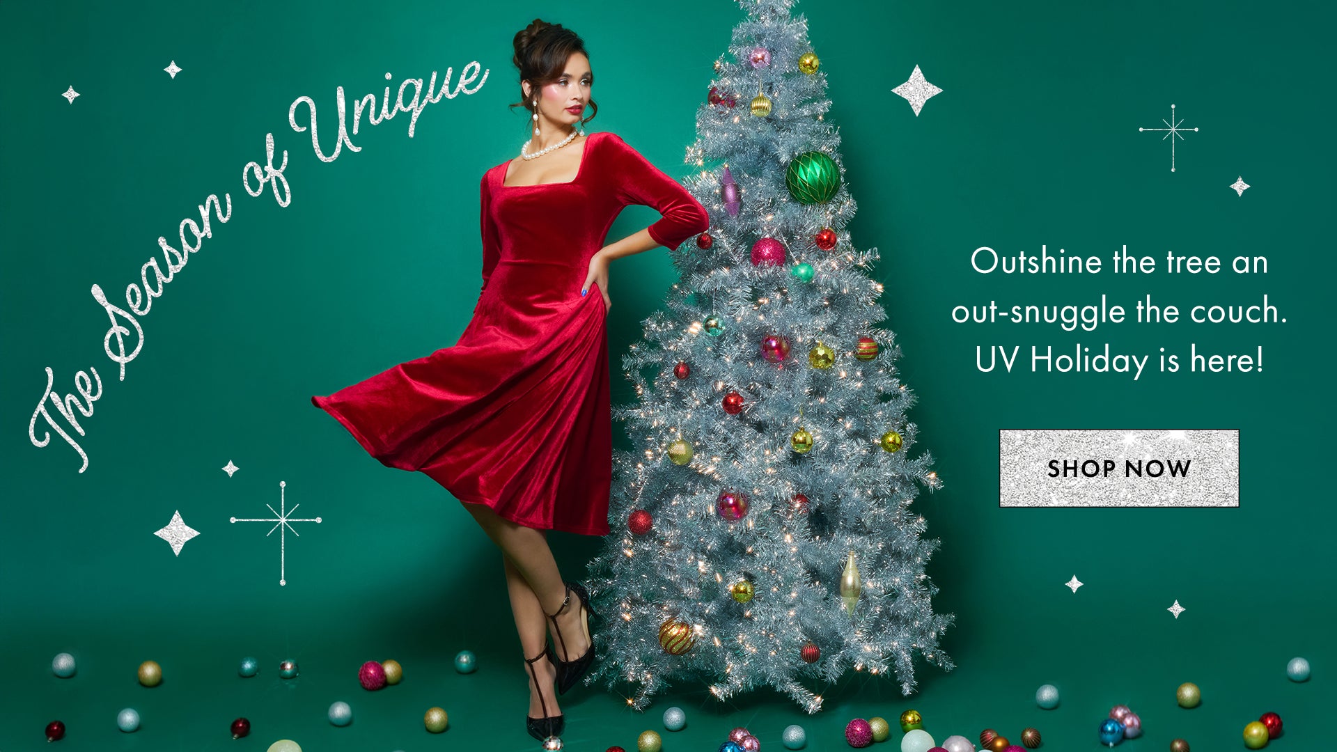 Woman in a red dress standing next to a decorated Christmas tree with promotional text on a teal background.