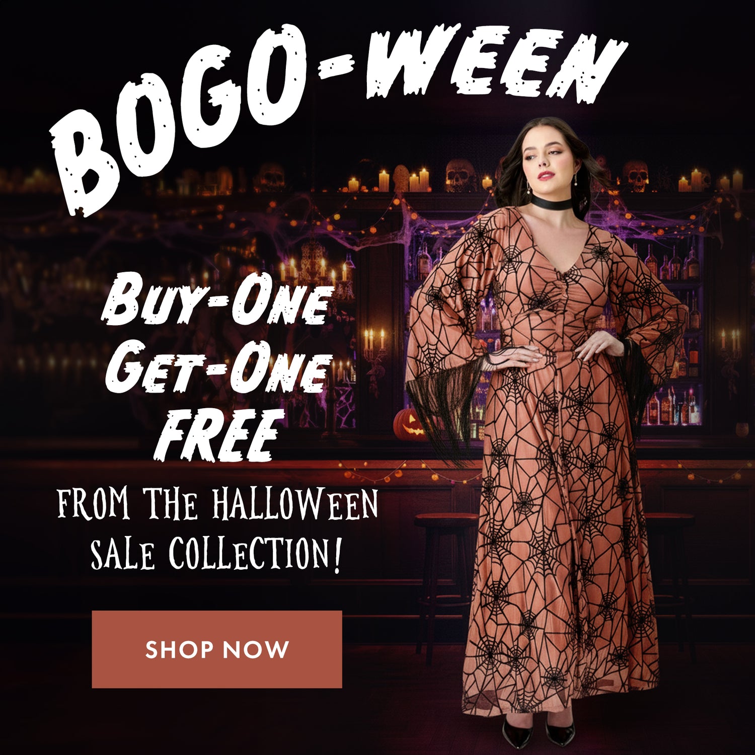 Woman in a spider web dress with Halloween-themed text and decorations.