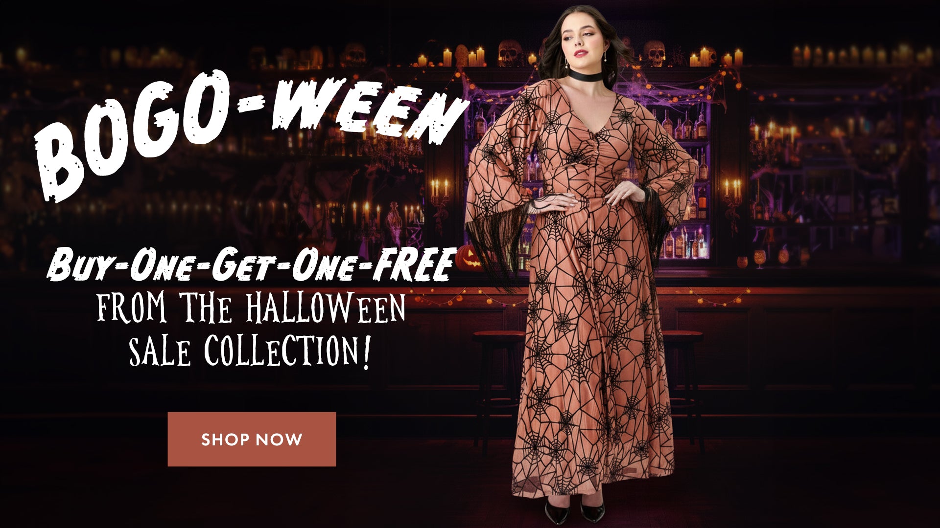 Woman in a spider web dress with BOGO-WEEN Halloween sale text on a dark background