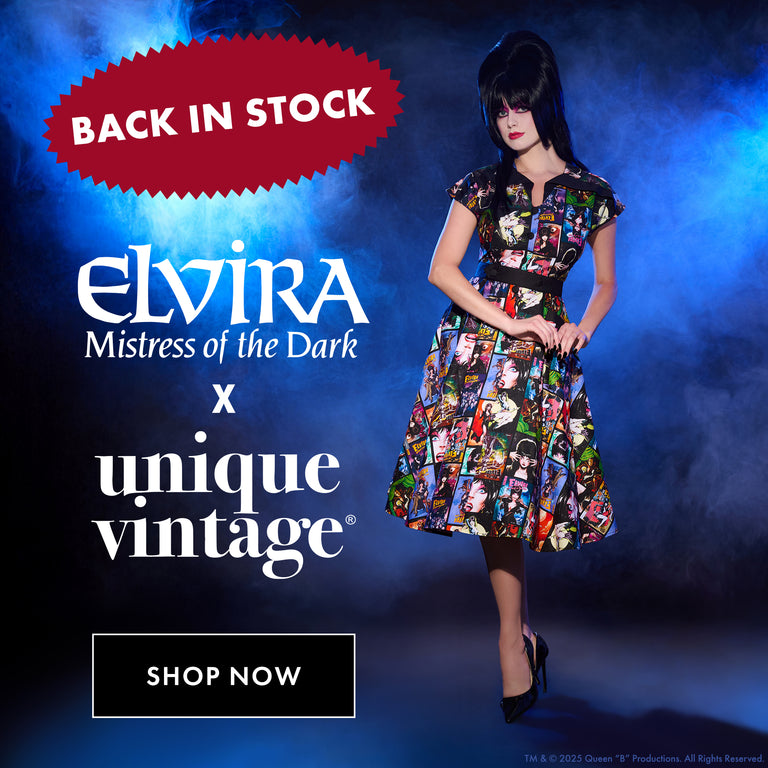 Elvira dress by unique vintage with promotional text on a dark blue background