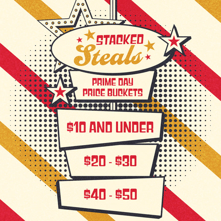 Promotional poster for 'Stacked Steals' with price buckets on a retro design background.