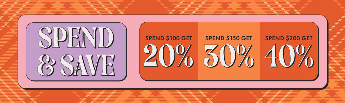 A promotional sale graphic with the text 'SPEND & SAVE' on a lavender panel, plus discount amounts '20%', '30%', and '40%' on orange gradient blocks over an orange patterned background.