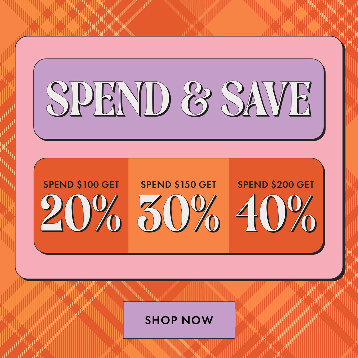 A promotional sale graphic with the text 'SPEND & SAVE' in large white letters on a lavender rounded rectangle, above three orange panels showing 'SPEND $100 GET 20%', 'SPEND $150 GET 30%', and 'SPEND $200 GET 40%'. A lavender 'SHOP NOW' button appears at the bottom on an orange plaid background.