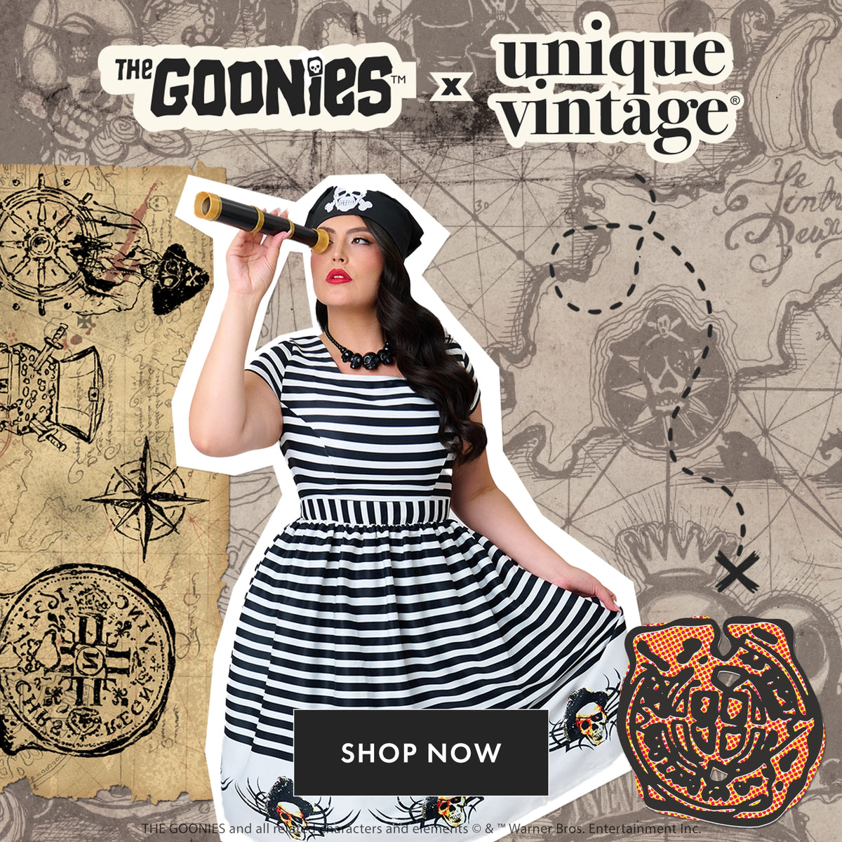 A stylized promotional graphic featuring a woman in a pirate outfit with a black-and-white striped dress, black hat, and eyepatch, holding a telescope. The background is a parchment-style map collage with vintage nautical drawings and the text 'The Goonies x unique vintage' at the top, plus a 'SHOP NOW' button.