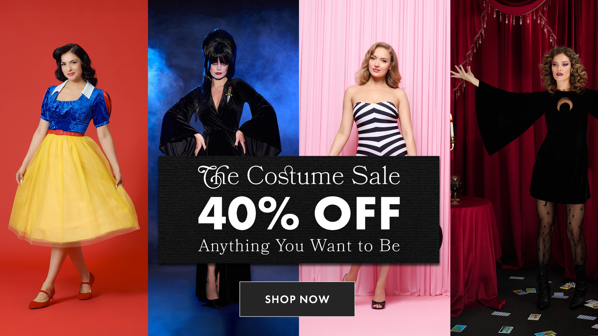 Promotional banner for a costume sale with models in various costumes on a colorful background. Use Code COSTUME for 40% Off Select Styles