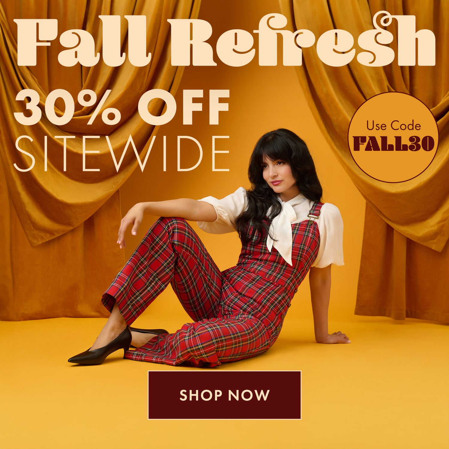 Woman in a red plaid outfit sitting on a yellow floor with an orange curtain background, promotional text for a 30% off sale. Use code FALL30