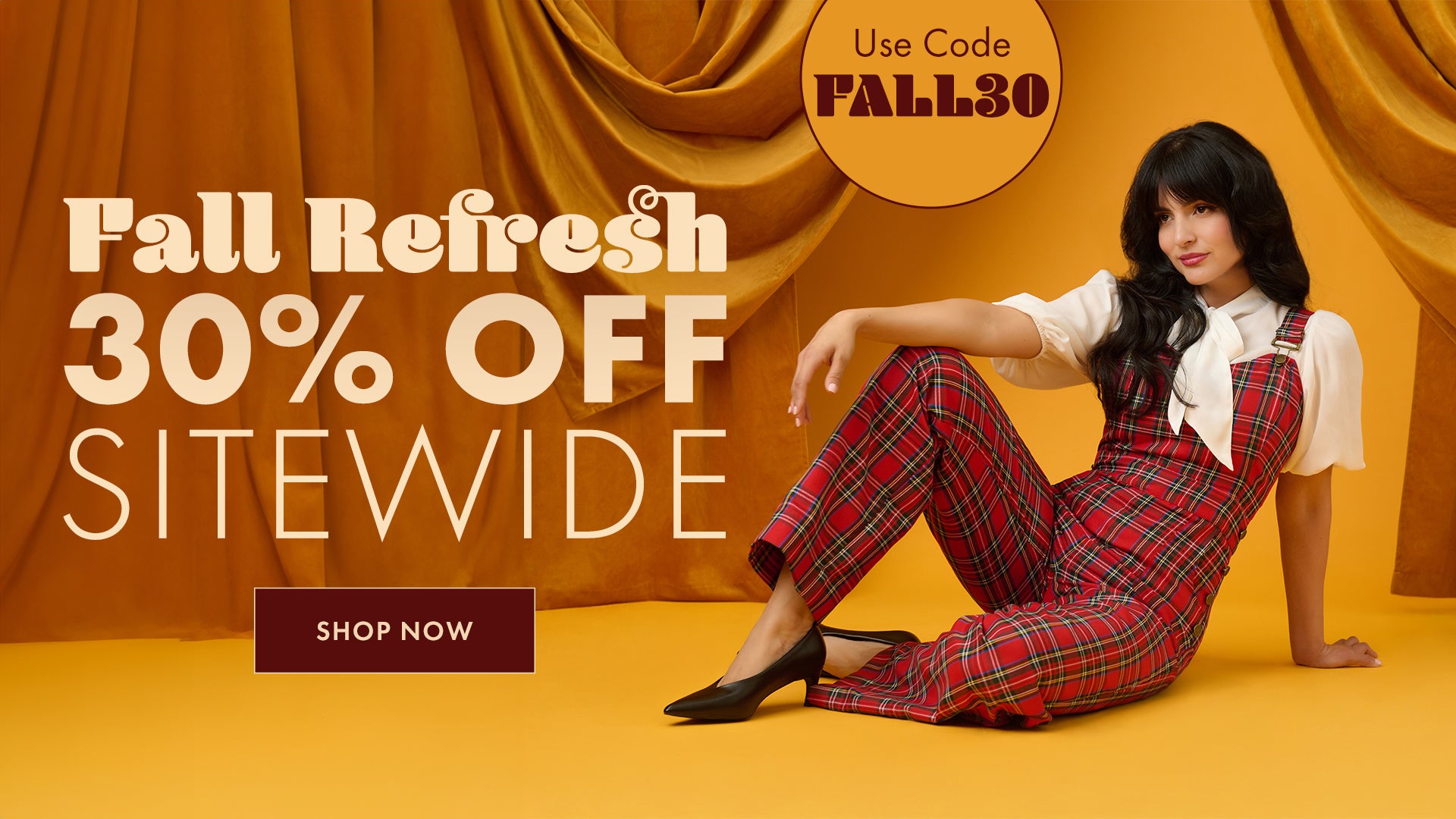 Woman in a red plaid outfit sitting on a yellow floor with an orange curtain background, promotional text for a 30% off sale. Use code FALL30