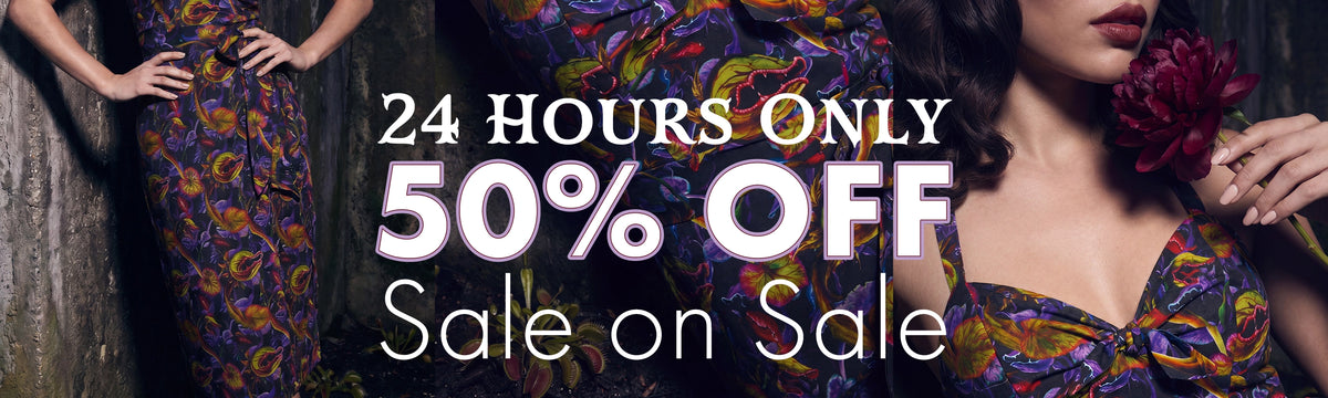 Promotional banner featuring models wearing a colorful floral-patterned dress, with large text reading '24 HOURS ONLY 50% OFF Sale on Sale' across the center.