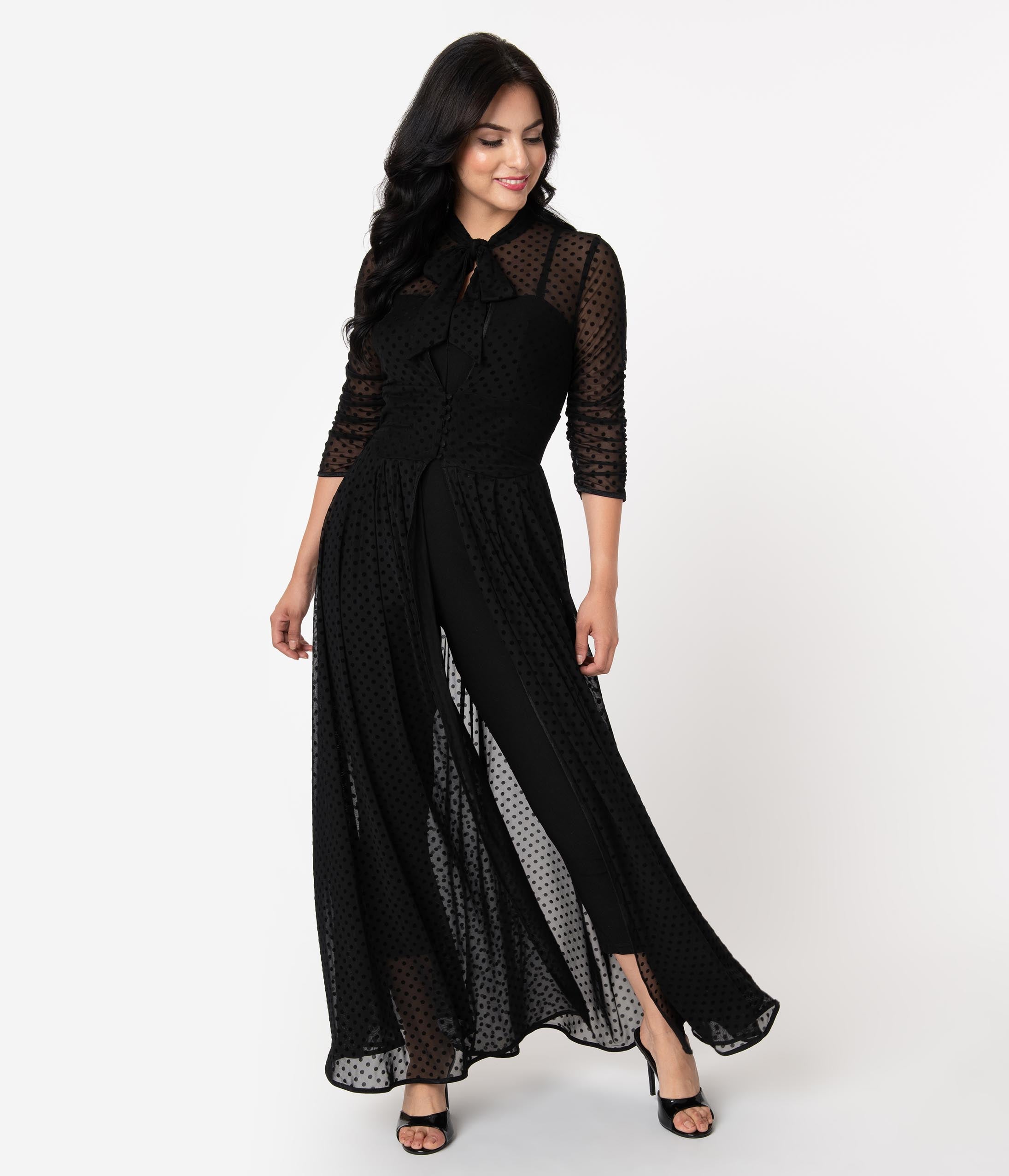 Unique Vintage Black Swiss Dot Starlet Duster - Unique Vintage - Womens, DRESSES, MAXI