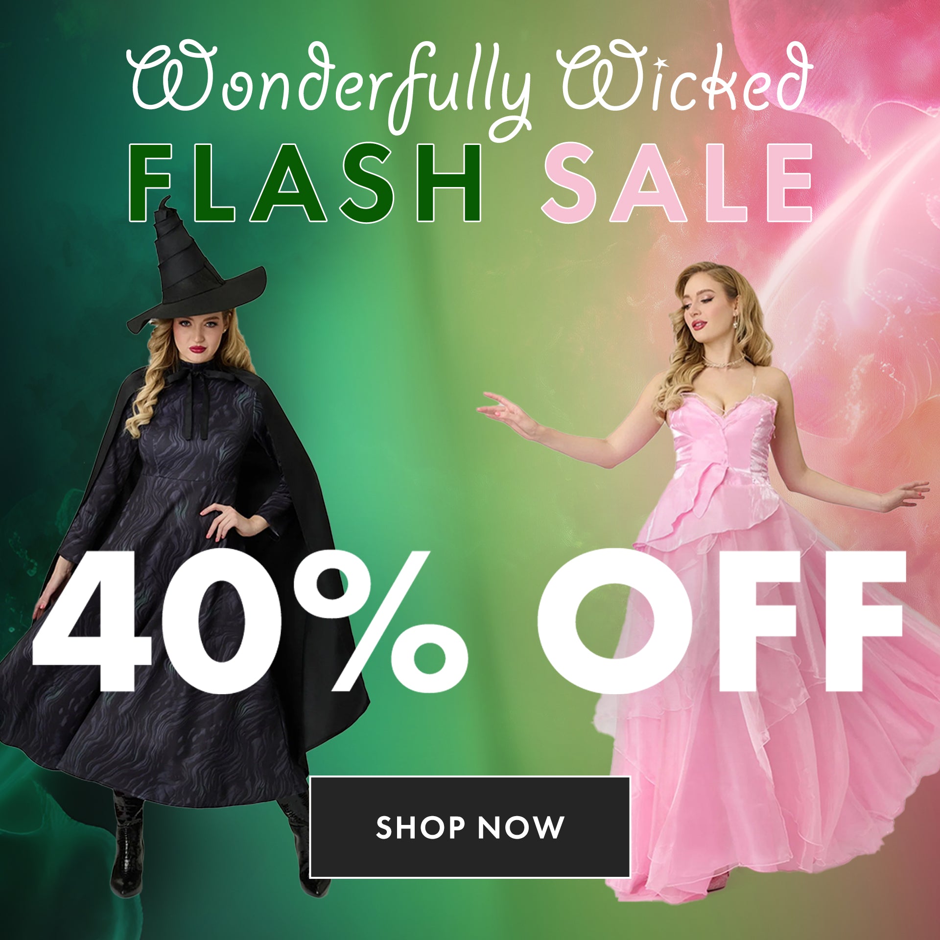 Two people in costumes with a 'Wonderfully Wicked Flash Sale' and '40% Off' text on a colorful background.