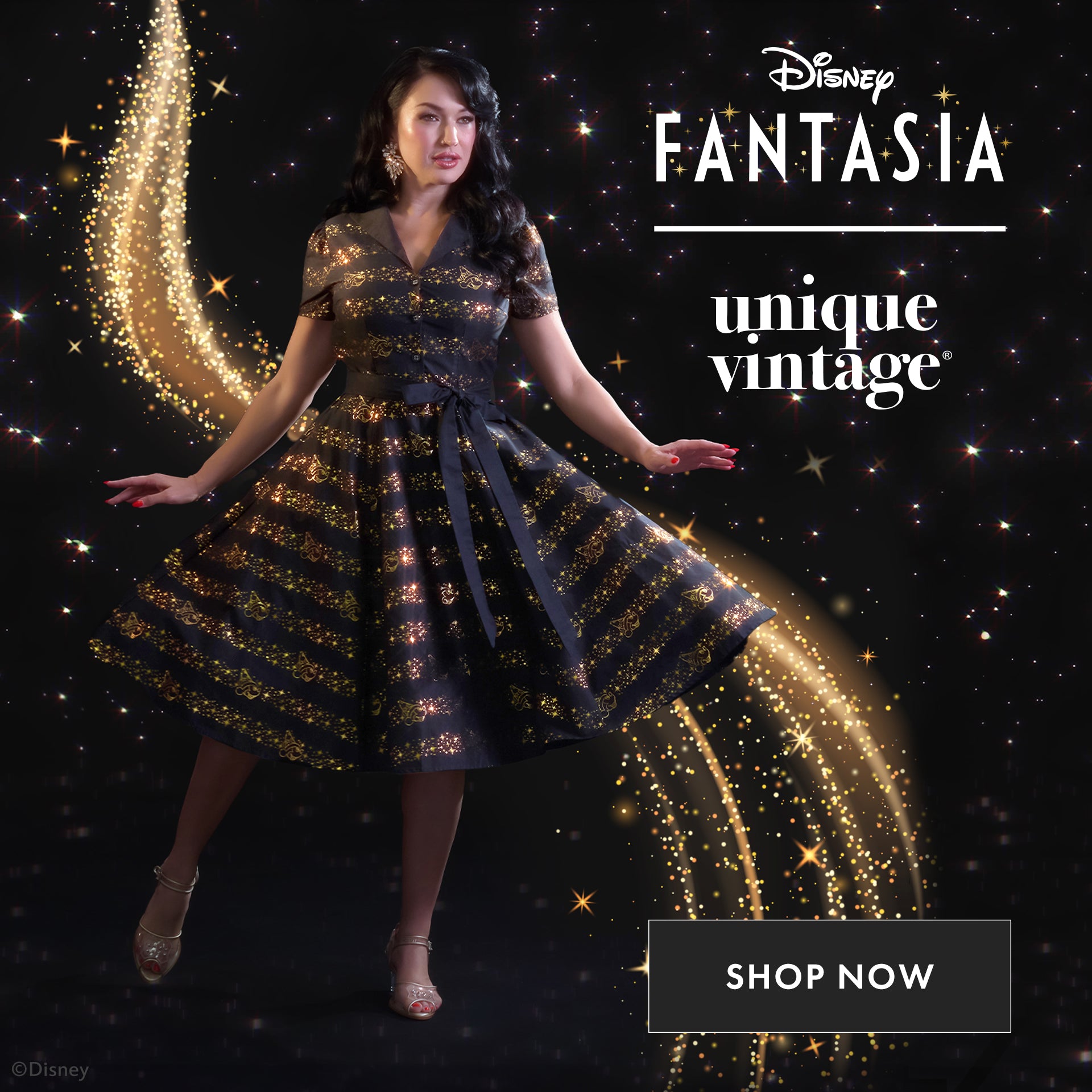 Woman in a sparkling dress with 'Fantasia' and 'Unique Vintage' branding on a dark background.