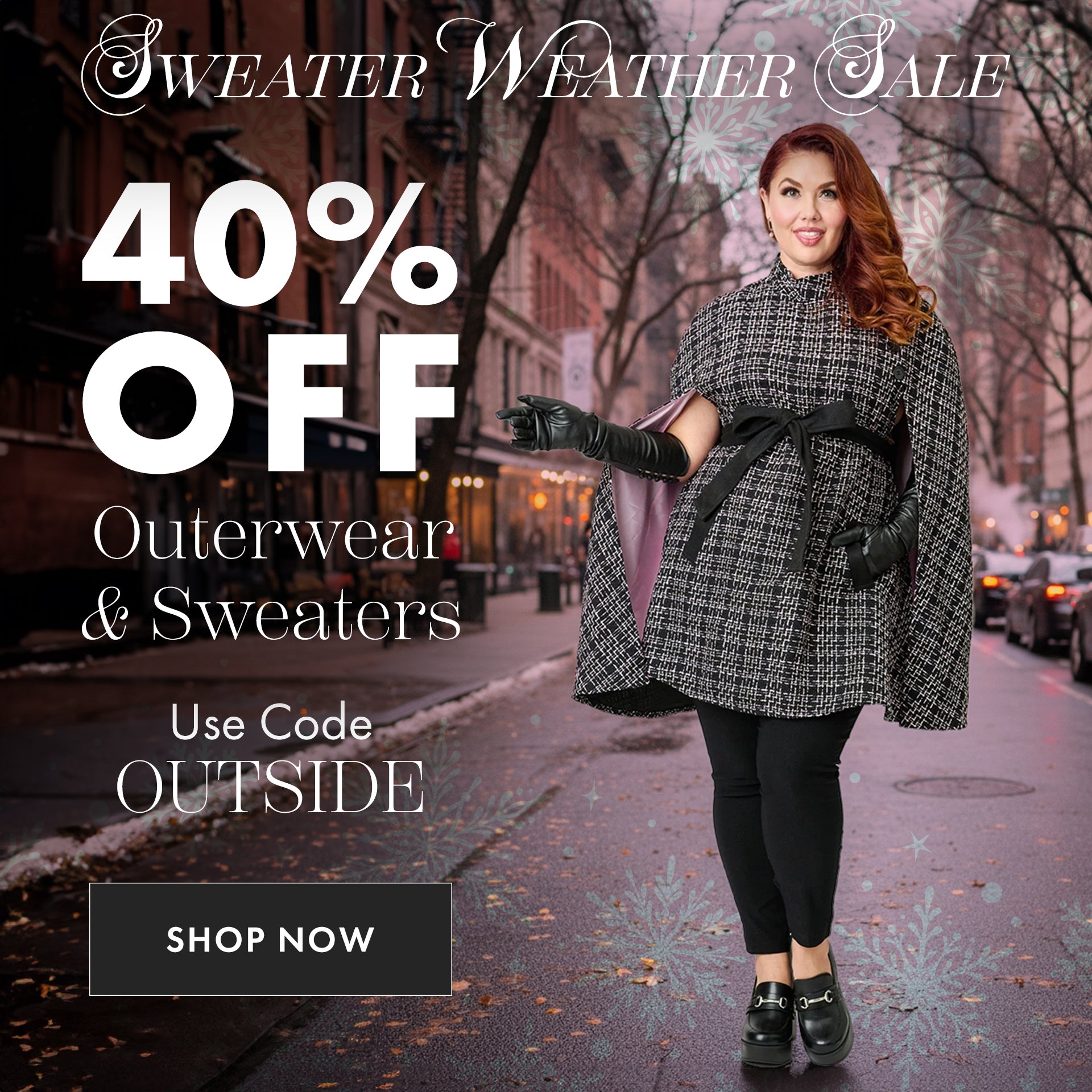 Woman in a coat walking on a street with a sweater weather sale advertisement overlay.
