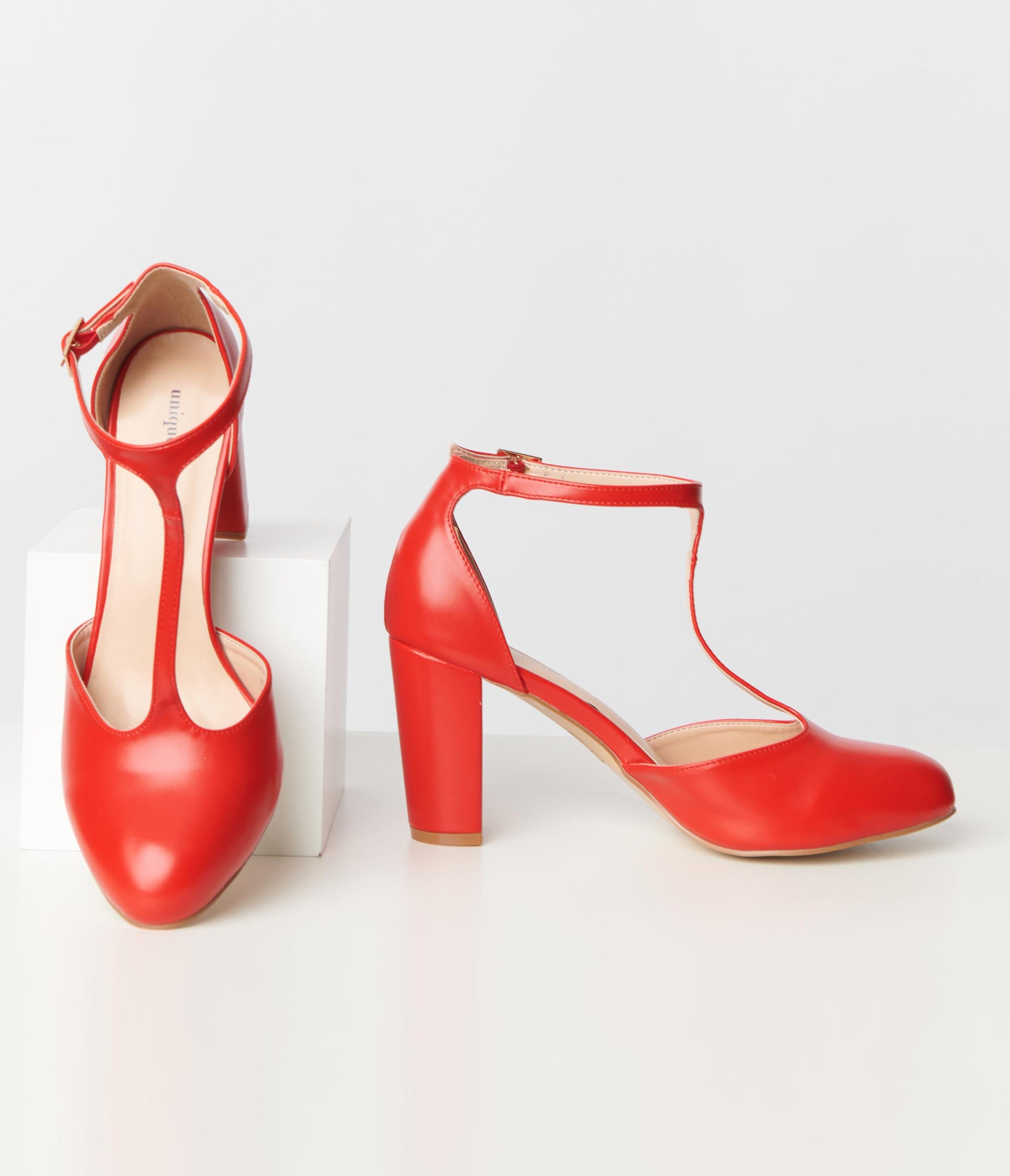 Unique Vintage 1920s Red Leatherette T - Strap Astaire Pumps - Unique Vintage - Womens, SHOES, HEELS