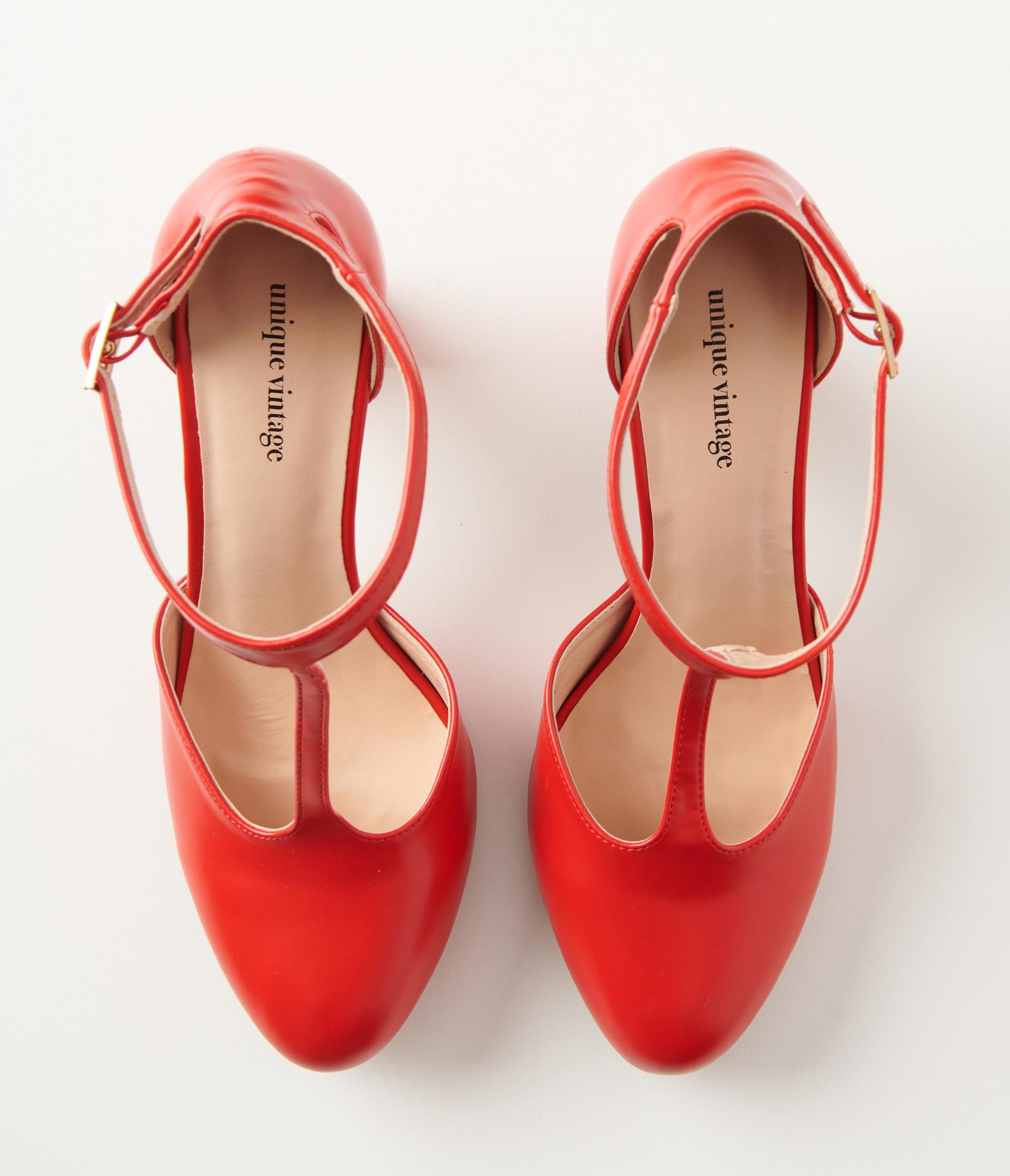 Unique Vintage 1920s Red Leatherette T - Strap Astaire Pumps - Unique Vintage - Womens, SHOES, HEELS