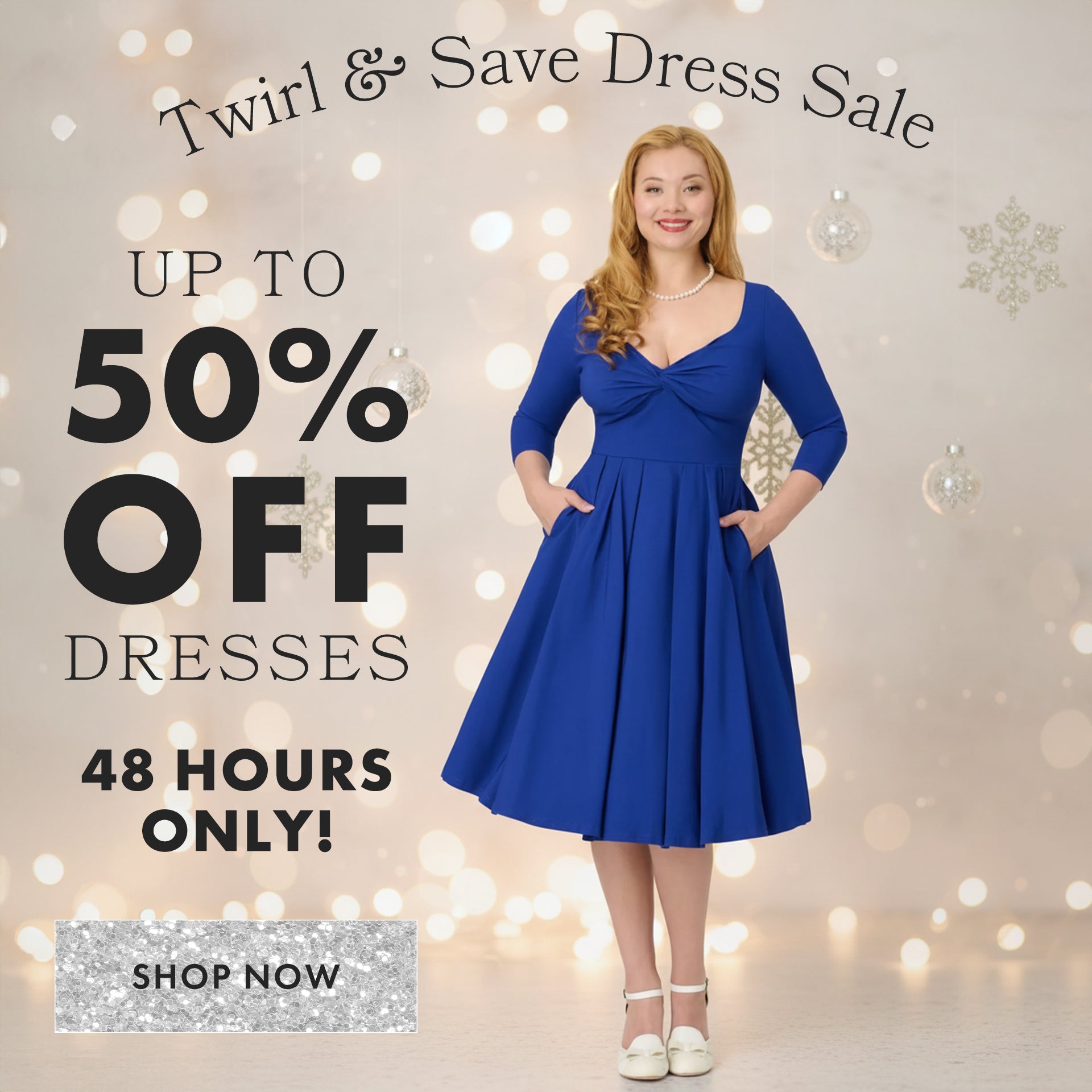 Woman in a blue dress with promotional text for a dress sale on a light background