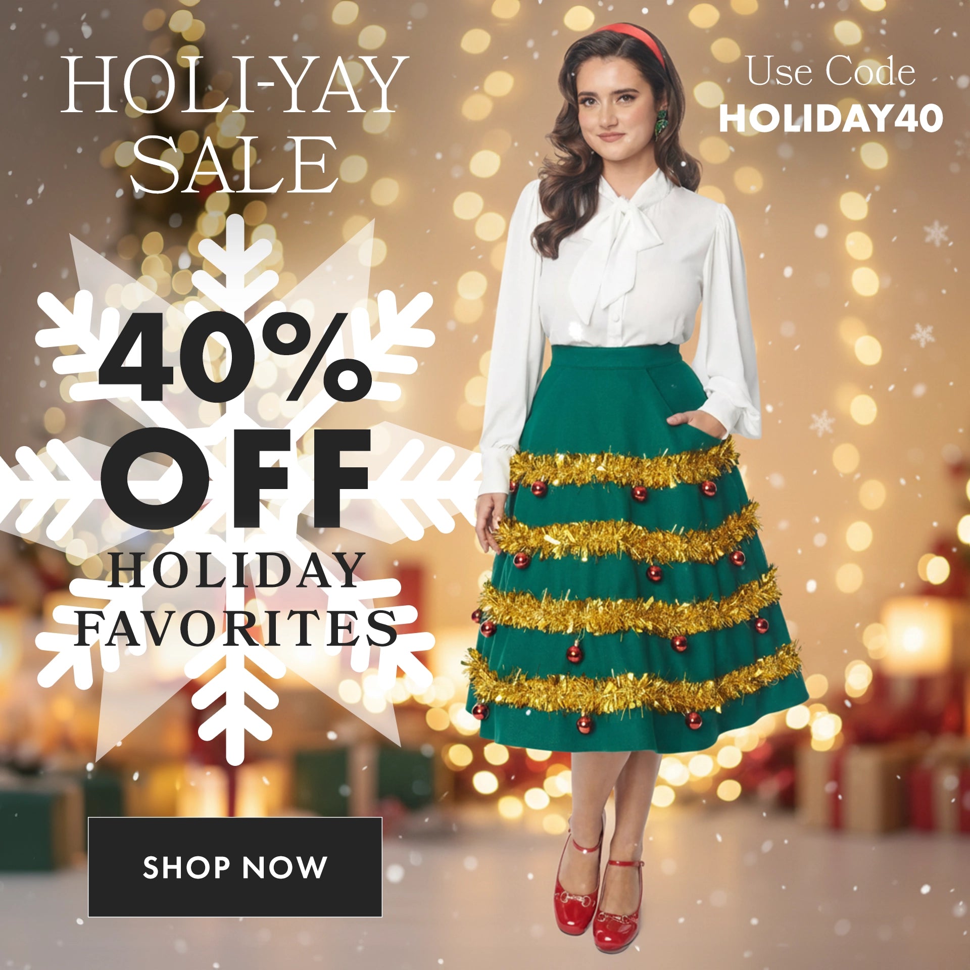 Promotional image with a woman wearing a festive skirt, snowflake graphics, and text about a holiday sale.