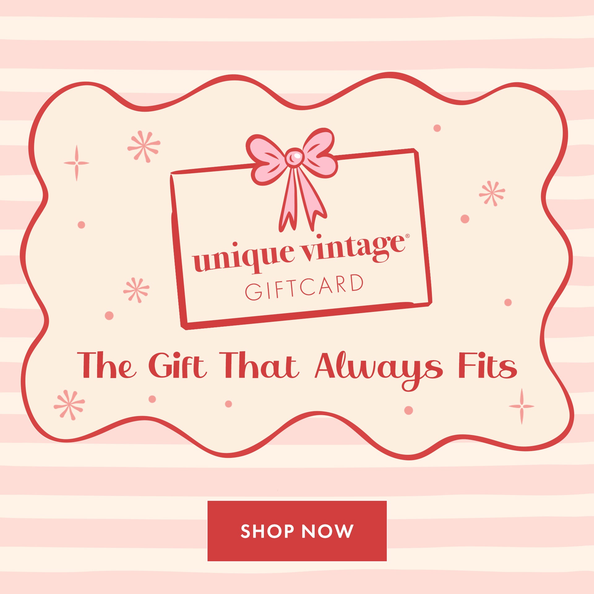 Advertisement for unique vintage gift card with a pink bow and 'Shop Now' button on a striped background.