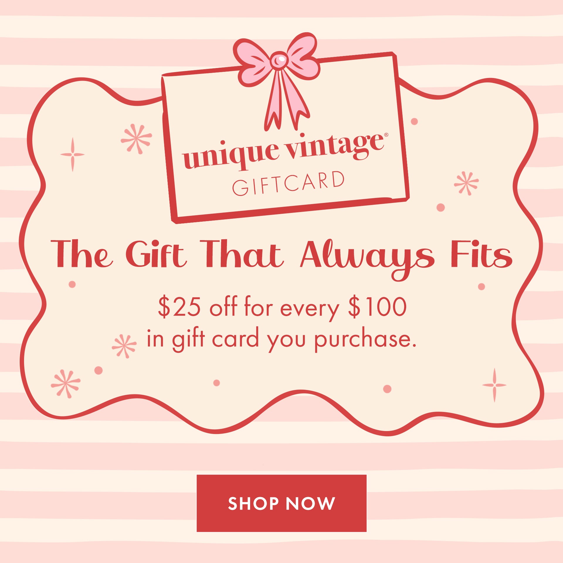 Promotional graphic for unique vintage gift cards with a pink background and decorative elements.