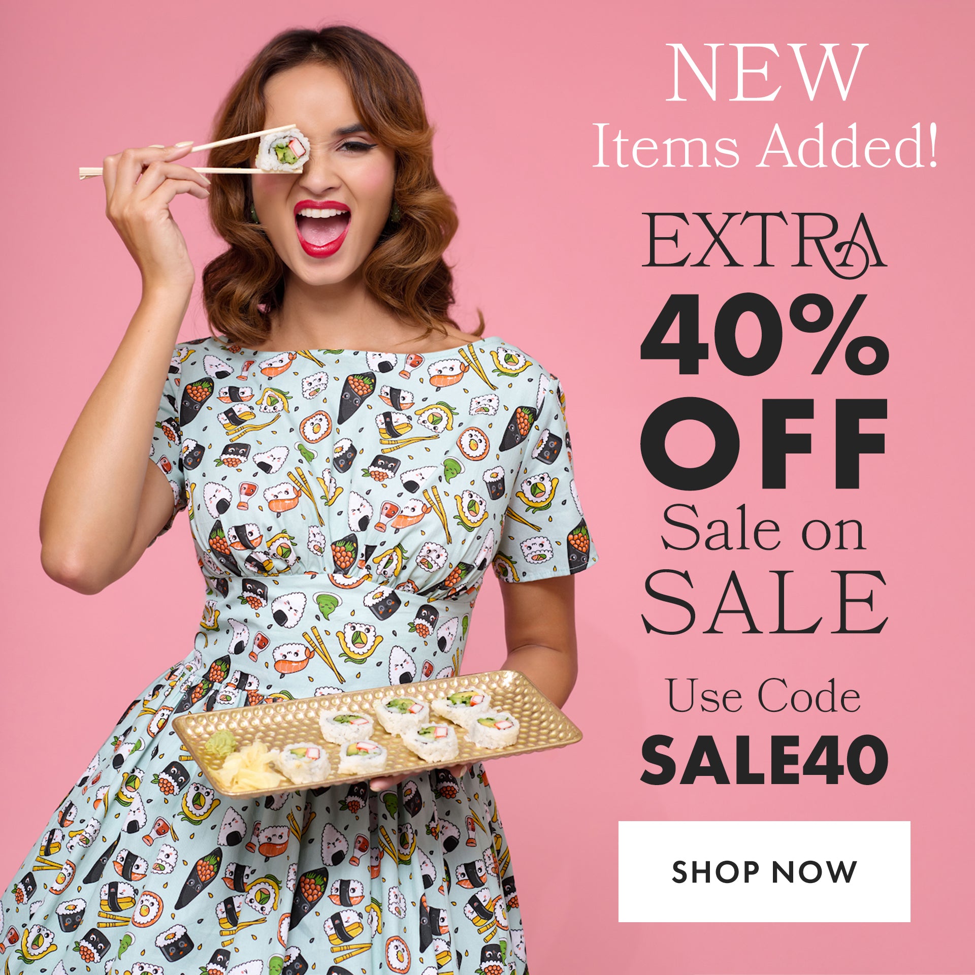 Woman in a sushi-themed dress holding a tray with chopsticks, on a pink background with promotional text.