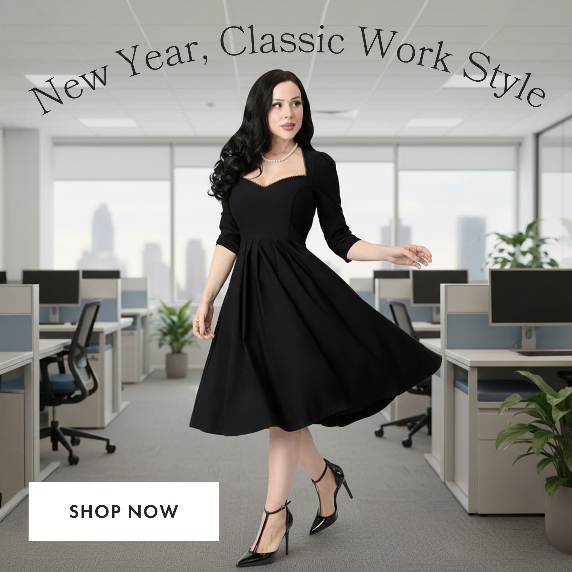 Woman in a black dress standing in an office setting with text overlay.