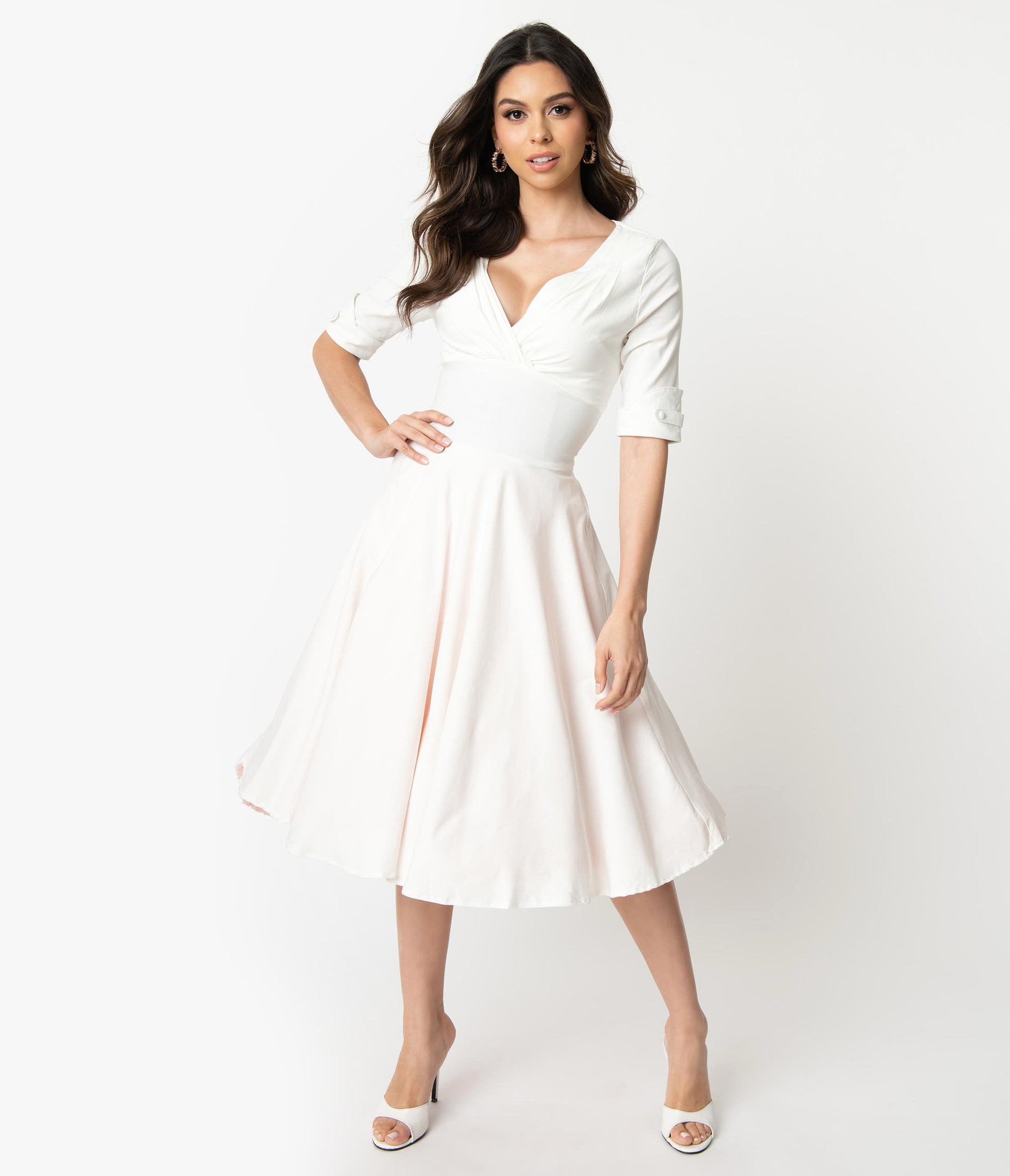 ivory retro dress Unique Vintage Delores Swing with Sleeves featuring a vintage rose Color:Black&Ink Blue elegant chiffon gown William in Green and