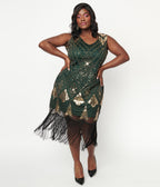 Unique Vintage Plus Size 1920s Emerald & Gold Sequin Lina Flapper Dress