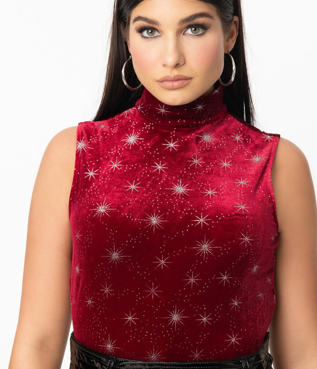 Smak Parlour 1960s Burgundy Velvet & Silver Star Sparkle Corporate Lingo Top