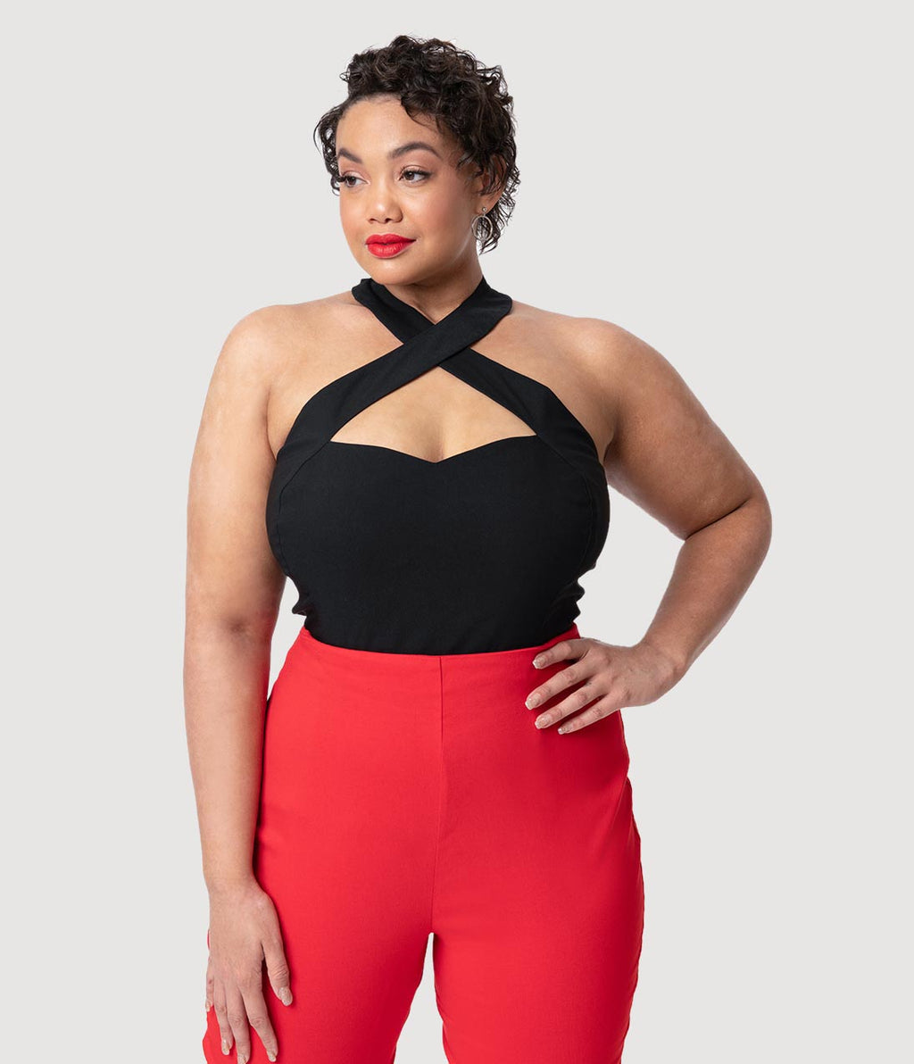 Unique Vintage Plus Size Black Stretch Rita Criss Cross Halter Top