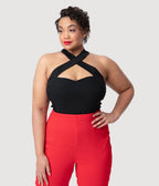 Unique Vintage Plus Size Black Stretch Rita Criss Cross Halter Top