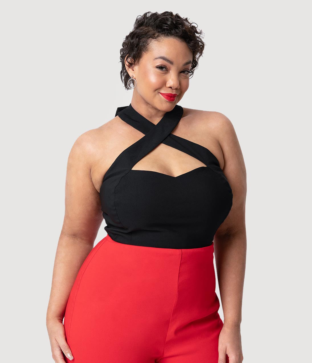 Unique Vintage Plus Size Black Stretch Rita Criss Cross Halter Top
